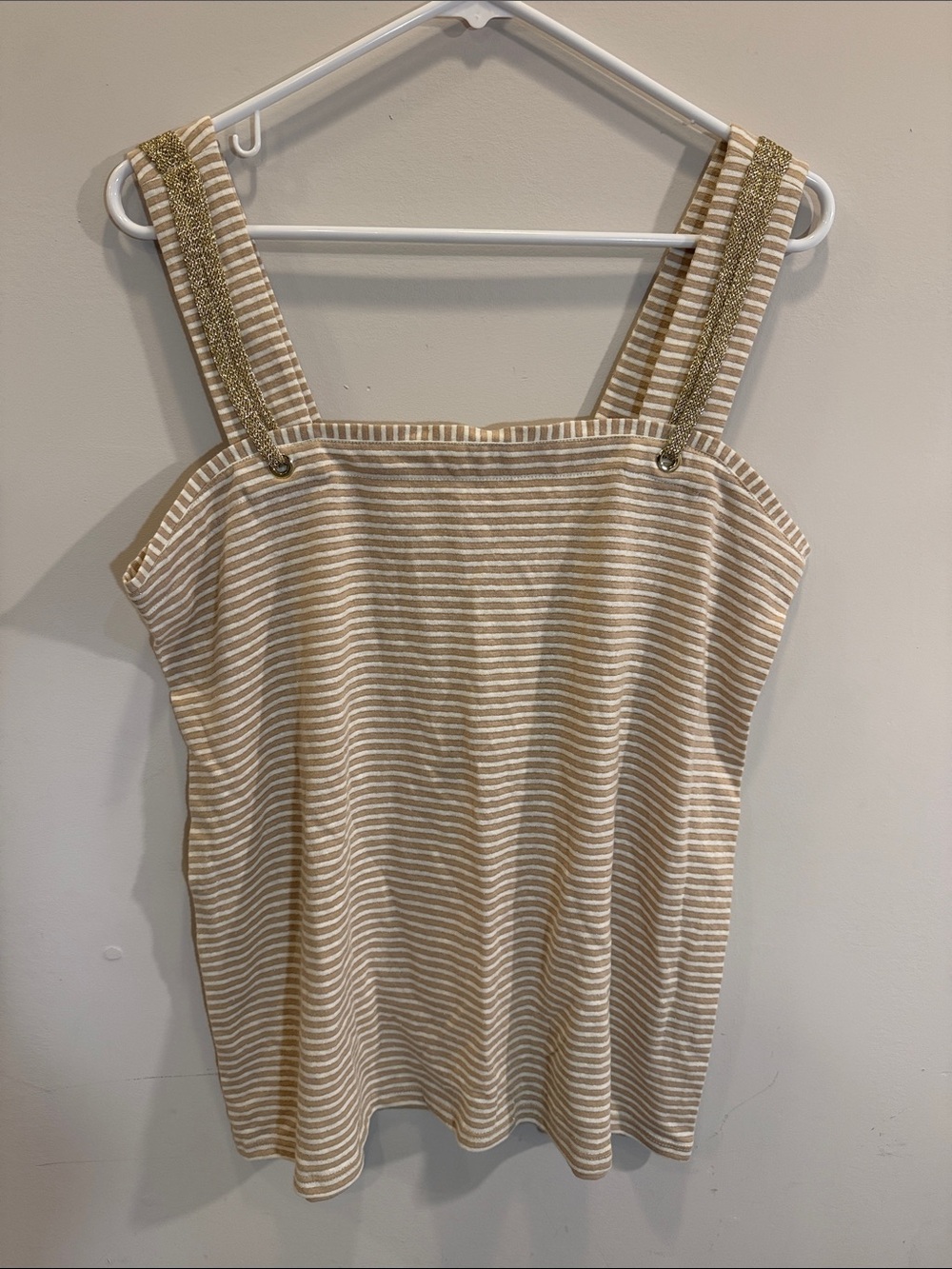 Soft Surroundings Striped Beige & White Square-Neck Tank Top w/Gold Mesh Straps